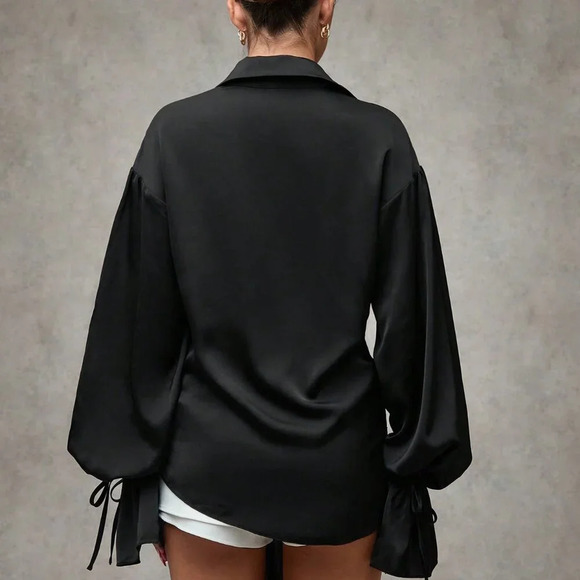 Black Elegant Women's Asymmetric Cross Wrap Puff Sleeve Shirt - Picture 2 of 6